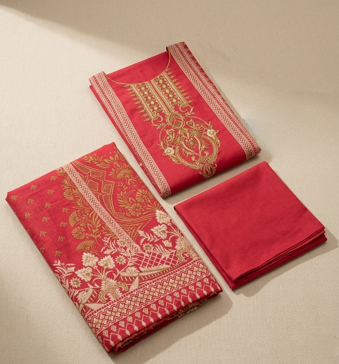 Noor Jahan Red 3 Piece Unstitched Dress