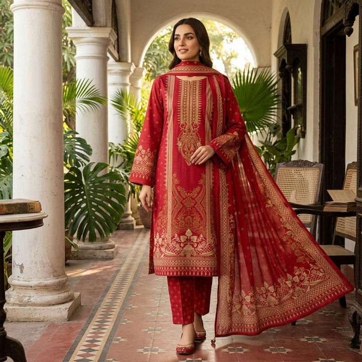 Noor Jahan Red 3 Piece Unstitched Dress