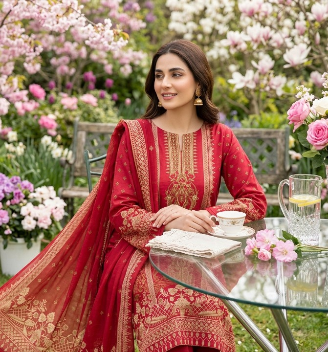 Noor Jahan Red 3 Piece Unstitched Dress