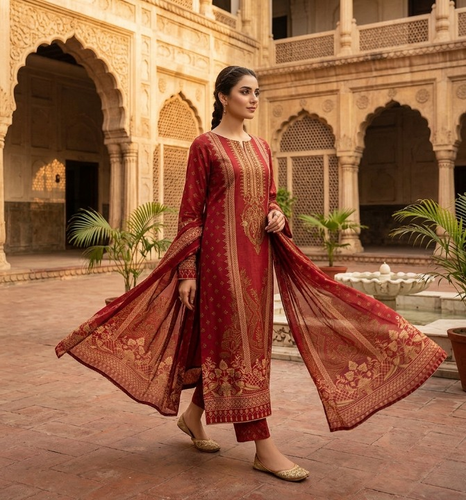 Noor Jahan Red 3 Piece Unstitched Dress